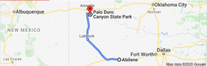 Map showing Abilene Texas to Palo Duro Canyon State Park near Amarillo.